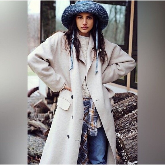 Free People Double Breasted Wool Blend Coat Size M Maxi Coat in Sand Oversized - Picture 6 of 16